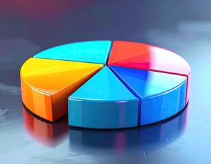 Colorful 3D pie chart, showing data breakdown on reflective surface