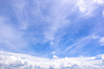 clear blue sky background,clouds with background, Blue sky background with tiny clouds. White fluffy clouds in the blue sky. 
Captivating stock photo featuring the mesmerizing beauty of the sky 