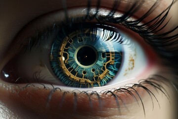 Human eye showing intricate circuit board designs integrating bionic vision technology