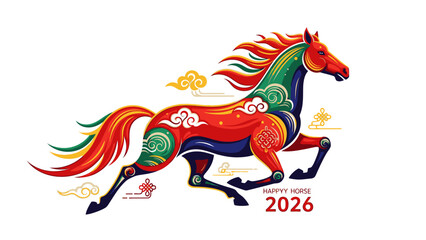 Obraz premium Vibrant illustration of a Fire Horse for Chinese New Year 2026, symbolizing the Shio zodiac animal, with intricate designs and bold colors on a clean white background.