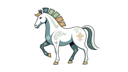 Illustration of a white Horse with green and orange mane and tail, symbolizing the Fire Horse from Chinese Zodiac Animals (Shio) against a clean white background with intricate designs. © Jangkrik