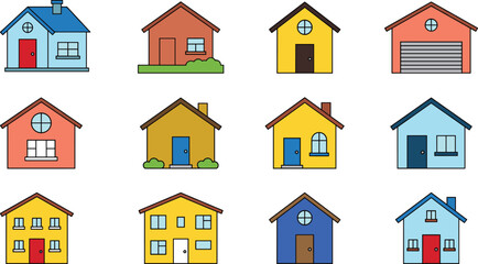 Fototapeta premium Colorful house icons set with different home styles, residential buildings, modern cartoon architecture, simple flat vector illustration isolated on white