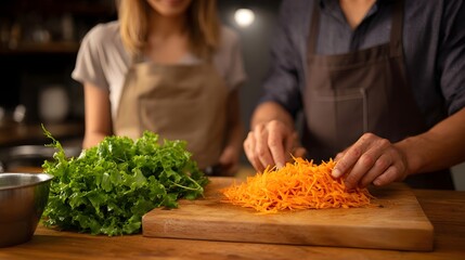 Two people collaborate in a home kitchen preparing fresh ingredients like grated carrots and leafy greens on a wooden cutting board