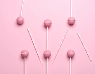 Pink lollipops with sprinkles and striped straws, scattered on a pastel background