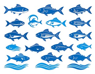 Collection of stylized aquatic creatures, rendered in shades of blue with minimalist wave elements, various poses & shapes