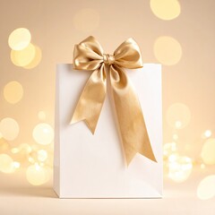 White gift bag with gold bow and blurred background lights