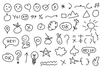 Chalk scribble doodle arrow, line elements set. Crayon arrow, underline, handwritten mark check. Rough hand drawn marker sketch with brush grunge texture.