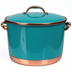 Teal enamel pot with copper trim, lid, and handles against a white background