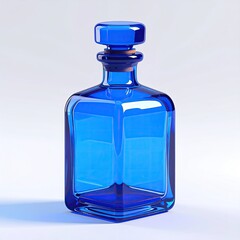 Royal blue glass decanter with a square base, stopper, and reflective surface