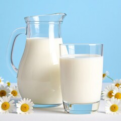 A jug and glass of opaque white liquid, surrounded by daisies
