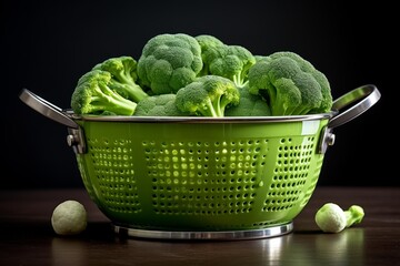 Fresh broccoli florets in a green colander on a dark background