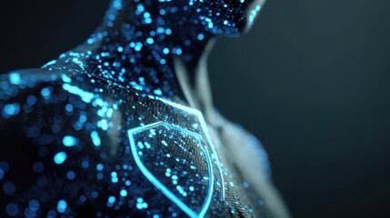 futuristic cybersecurity shield in neonblue pixels isintegrating on dark backround  
