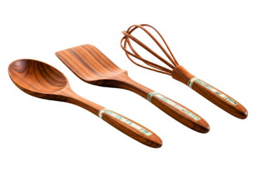 Wooden spoon, spatula, and whisk with decorative inlaid handles on a transparent background