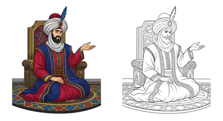 Majestic Sultan in Traditional Ottoman Attire Sitting on Ornate Throne