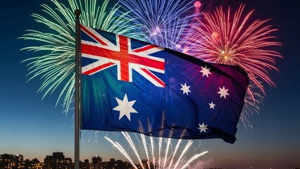 Australian flag waves against colorful fireworks over city skyline at night.