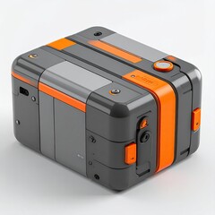 Modern, rectangular box with orange accents, hardware, and sleek design