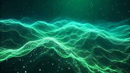 Vibrant green digital waves flow through dark space with glowing particles