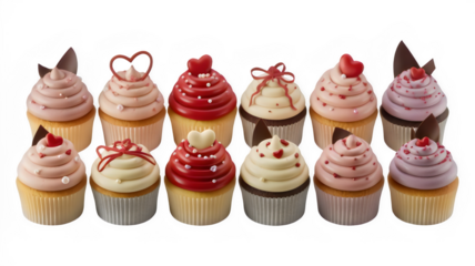 Assorted Valentine’s Day cupcakes decorated with hearts and creamy frosting.
Romantic dessert collection isolated on dark background.
