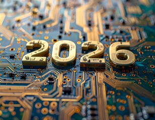 Golden "2026" numbers sit atop a vibrant computer circuit board