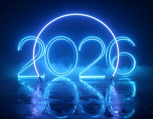 Neon 2026, glowing blue digits in futuristic setting