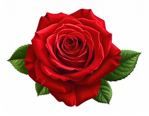 Vivid, realistic red rose bloom with detailed petals and green leaves