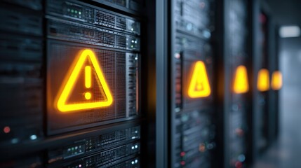 server racks with warning sign glowing 