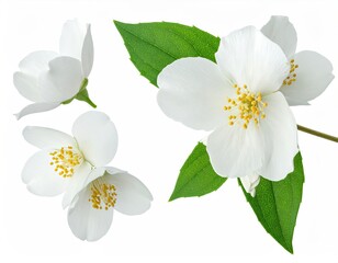 Close-up of white blossoms with yellow centers and vibrant green leaves