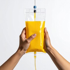 Hands hold IV bag filled with yellow fluid, medical equipment visible