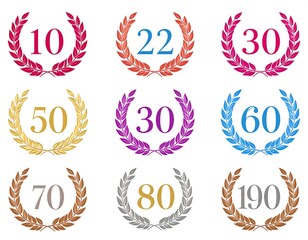 Collection of stylized number illustrations set within decorative circular wreaths, showing various age celebrations