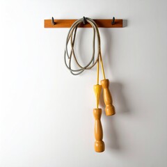 A vintage jump rope hanging on a wooden wall rack, stark white backdrop