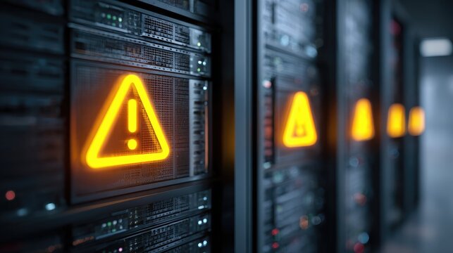 server racks with warning sign glowing  
