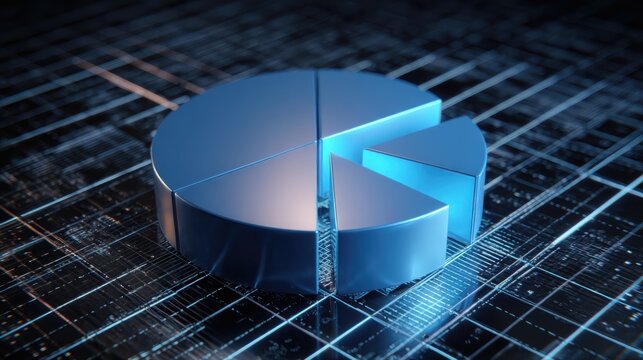 3d pie chart with blue segments on digital grid background representing data visualization and analytics glowing effect adds modern touch enhancing visual appeal of statistical information   - Powered by Adobe
