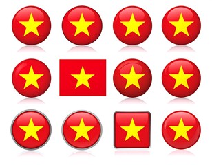 Collection of stylized red objects with yellow stars, various shapes and reflections