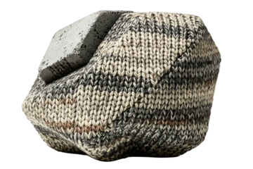 Grey knitted wool texture wrapped around rough concrete stone on a transparent background