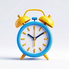 A vibrant blue and yellow cartoon alarm clock against a plain white background