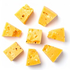 Bright, close-up shot of various cheese wedges on a white background