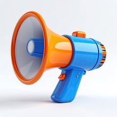 Colorful handheld megaphone, orange and blue, white background