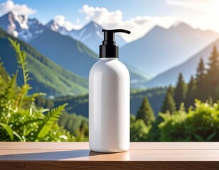 White bottle with black pump atop a wooden surface, mountains in the background