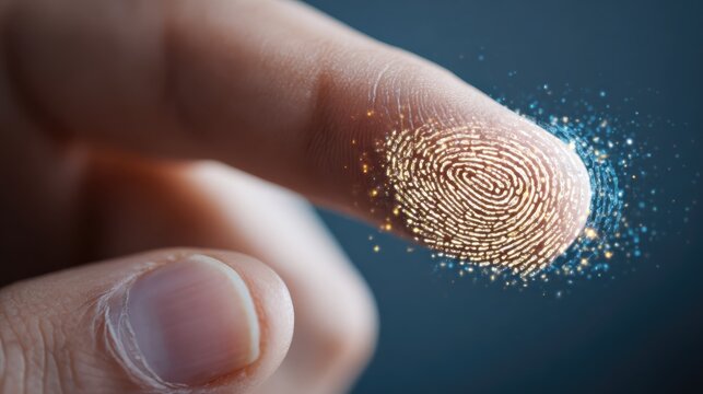 closeup of a finger with a digital fingerprint overlay glowing   - Powered by Adobe