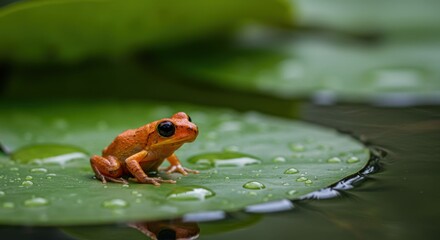 Small Orange Frog on Green Lily Pad.