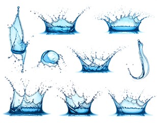 Collection of stylized water splashes, crowns, and droplets in various forms against a white background
