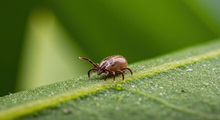 Fototapeta premium Small Red Beetle on Green Leaf Closeup.
