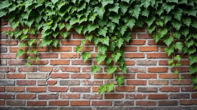 A rustic brick wall adorned with vibrant ivy leaves.