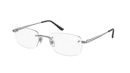Rimless eyeglasses with clear lenses and silver frames, cut out, stock png, isolated on transparent background