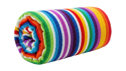 Rolled colorful rainbow striped blanket or towel, cut out, stock png, isolated on transparent background