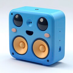 A blue speaker with a cartoon face, round speakers, and a playful design