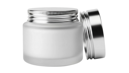 Frosted glass cosmetic jar with metallic screw cap next to it, cut out, stock png, isolated on transparent background