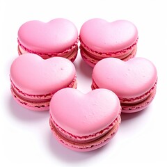 Five heart-shaped sandwich cookies, pink, stacked, on white