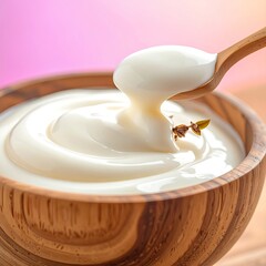 Creamy white dairy product being scooped from a wooden bowl (1)