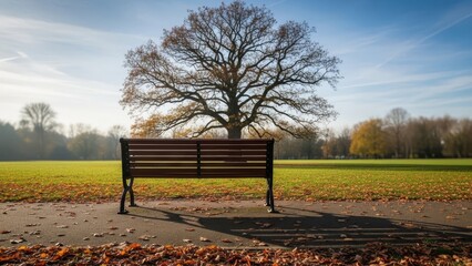 Park bench in autumn with large oak tree in background